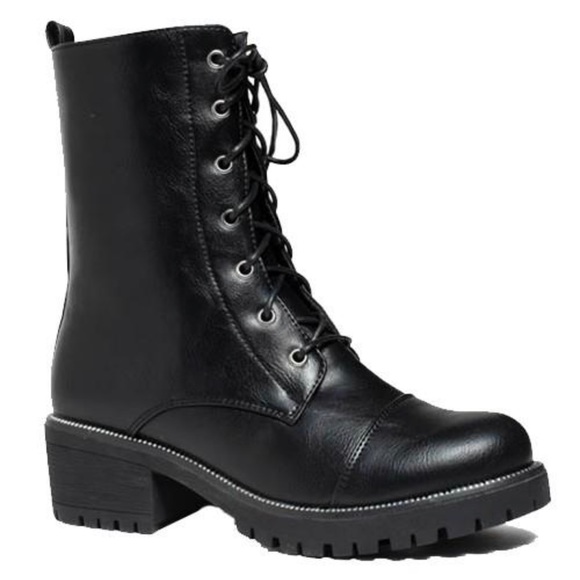 Black lace up lug sole combat boot mid calf - Picture 4 of 6